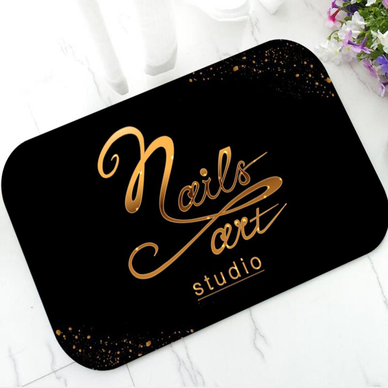 Beauty Makeup Studio - Trendige schwarze goldene Nagelkunst-Studio-Willkommens-Fußmatte, glamouröser Glitzer,