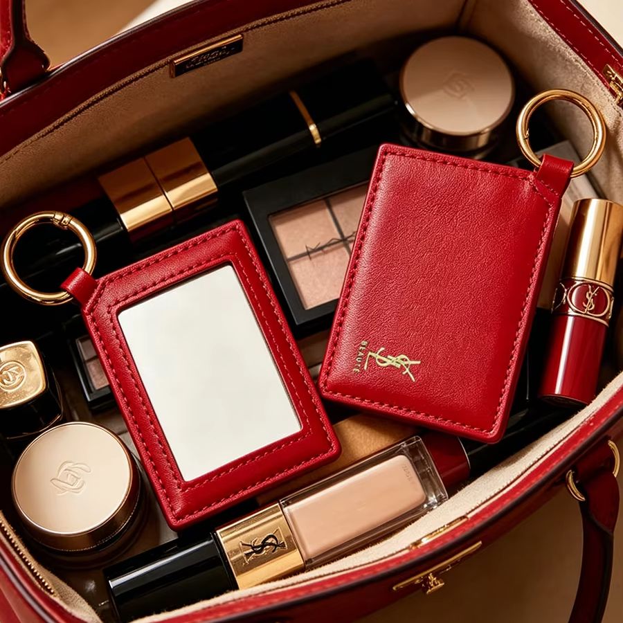 Ysl Beauty Makeup - YSL Roter Leder Quadratischer Mini-Taschen-Make-up-Spiegel mit